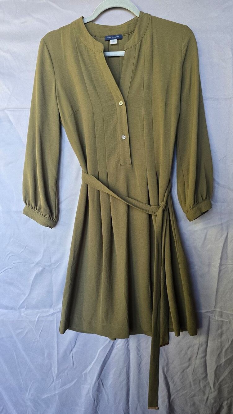 Tommy Hilfiger Shirt Dress Womens 2 Green Henley Belted Long Sleeve Short